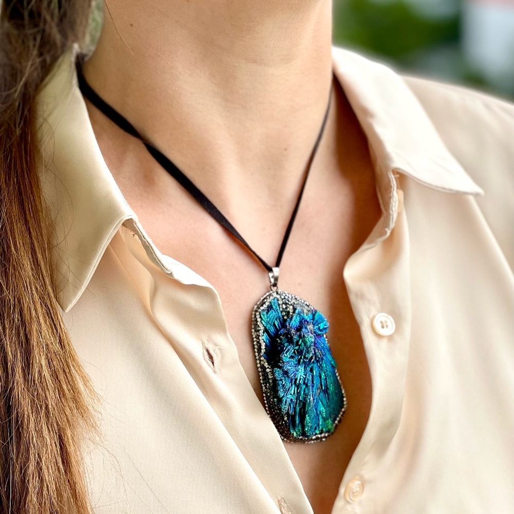 Blue peacock rainbow kyanite necklace with Swarovski crystals, natural stones